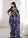 Soft Pure Cotton Hand Bagru Print Sarees With Blouse Pice