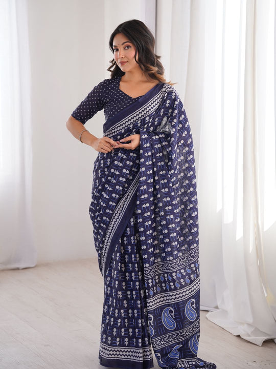 Soft Pure Cotton Hand Bagru Print Sarees With Blouse Pice