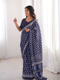Soft Pure Cotton Hand Bagru Print Sarees With Blouse Pice