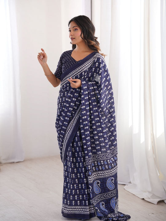 Soft Pure Cotton Hand Bagru Print Sarees With Blouse Pice