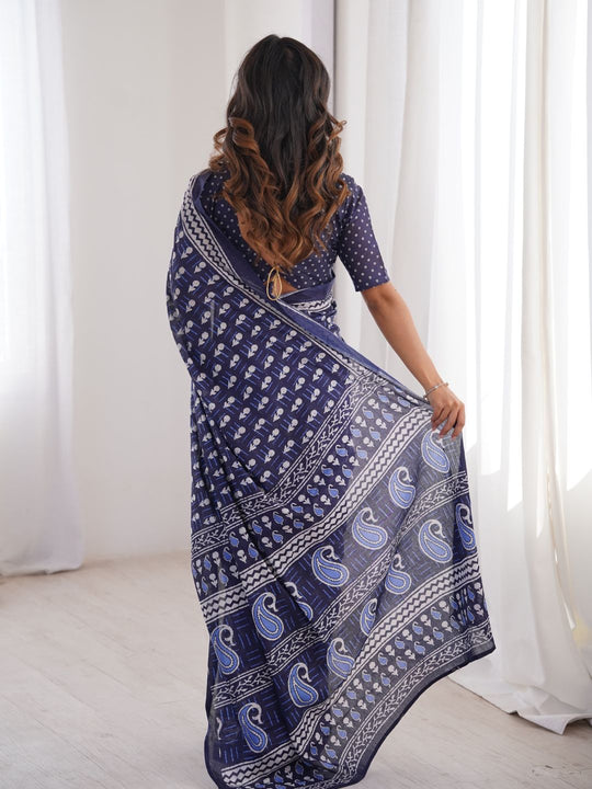 Soft Pure Cotton Hand Bagru Print Sarees With Blouse Pice