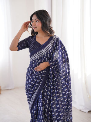 Soft Pure Cotton Hand Bagru Print Sarees With Blouse Pice