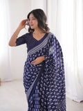 Soft Pure Cotton Hand Bagru Print Sarees With Blouse Pice