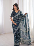 Soft Pure Cotton Hand Bagru Print Sarees With Blouse Pice