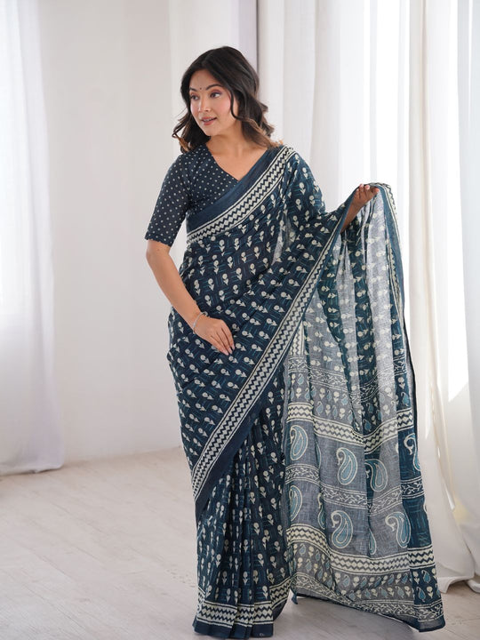 Soft Pure Cotton Hand Bagru Print Sarees With Blouse Pice