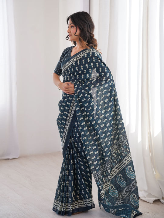 Soft Pure Cotton Hand Bagru Print Sarees With Blouse Pice