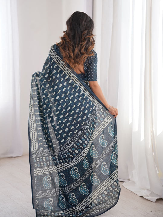 Soft Pure Cotton Hand Bagru Print Sarees With Blouse Pice