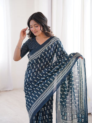 Soft Pure Cotton Hand Bagru Print Sarees With Blouse Pice