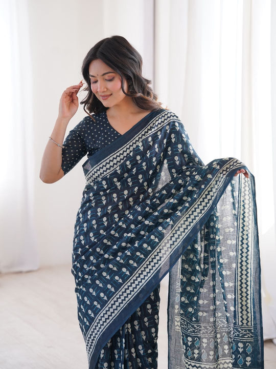 Soft Pure Cotton Hand Bagru Print Sarees With Blouse Pice