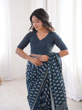Soft Pure Cotton Hand Bagru Print Sarees With Blouse Pice