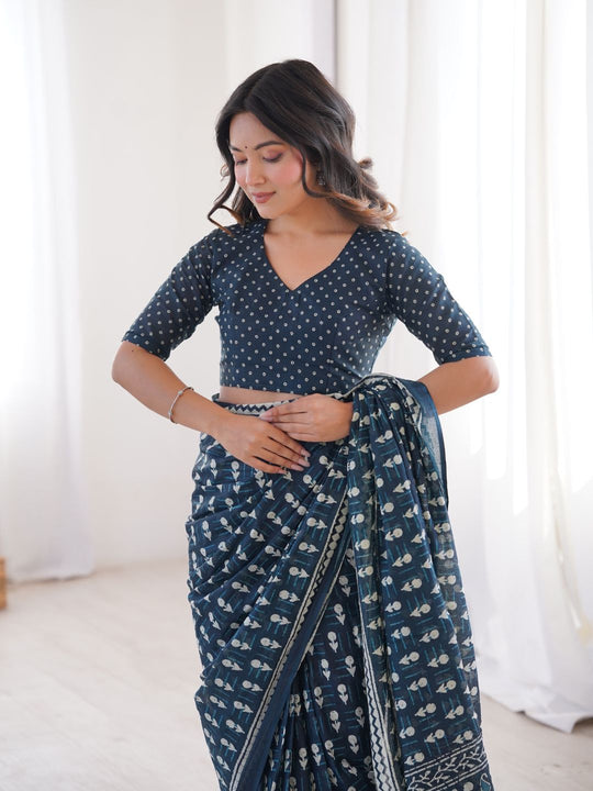 Soft Pure Cotton Hand Bagru Print Sarees With Blouse Pice