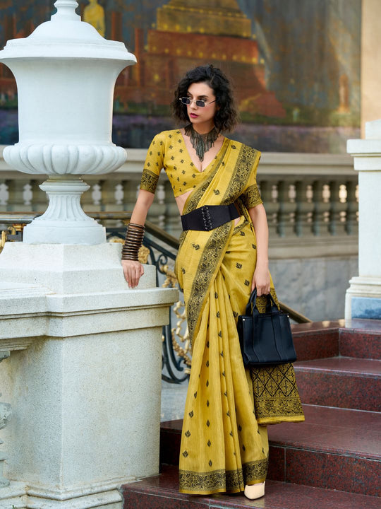 Yellow Tussar Linen Handloom Silk Saree With Weaving Silk Saree With Blouse Piece