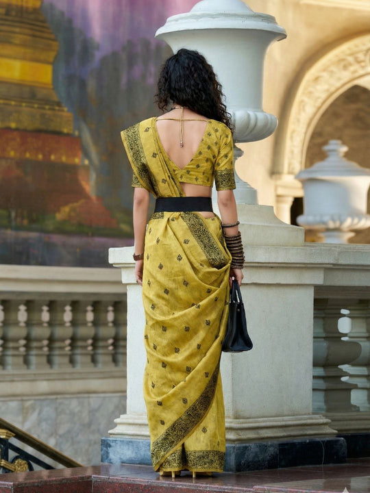 Yellow Tussar Linen Handloom Silk Saree With Weaving Silk Saree With Blouse Piece