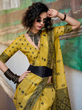 Yellow Tussar Linen Handloom Silk Saree With Weaving Silk Saree With Blouse Piece