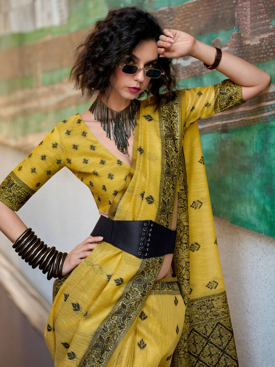 Yellow Tussar Linen Handloom Silk Saree With Weaving Silk Saree With Blouse Piece