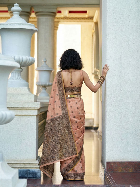Peach Tussar Linen Handloom Silk Saree With Weaving Silk Saree With Blouse Piece