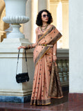 Peach Tussar Linen Handloom Silk Saree With Weaving Silk Saree With Blouse Piece