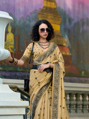 Beige Tussar Linen Handloom Silk Saree With Weaving Silk Saree With Blouse Piece