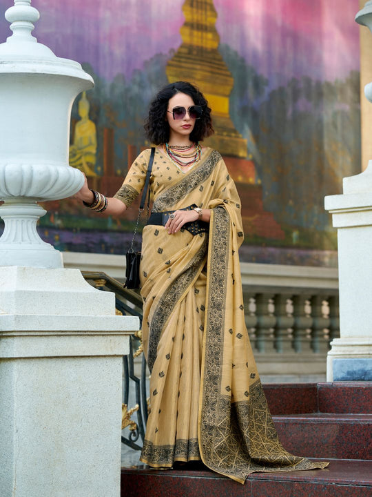 Beige Tussar Linen Handloom Silk Saree With Weaving Silk Saree With Blouse Piece