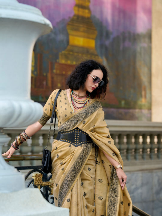 Beige Tussar Linen Handloom Silk Saree With Weaving Silk Saree With Blouse Piece