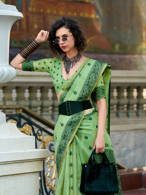 Green Tussar Linen Handloom Silk Saree With Weaving Silk Saree With Blouse Piece