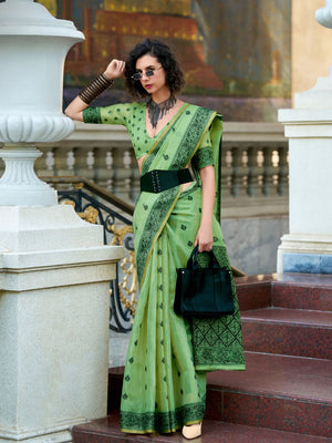 Green Tussar Linen Handloom Silk Saree With Weaving Silk Saree With Blouse Piece