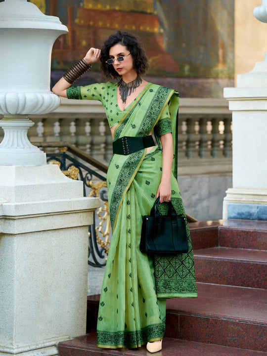 Green Tussar Linen Handloom Silk Saree With Weaving Silk Saree With Blouse Piece