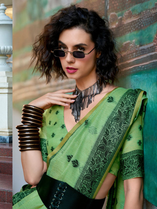 Green Tussar Linen Handloom Silk Saree With Weaving Silk Saree With Blouse Piece