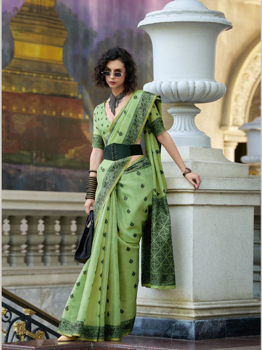 Green Tussar Linen Handloom Silk Saree With Weaving Silk Saree With Blouse Piece