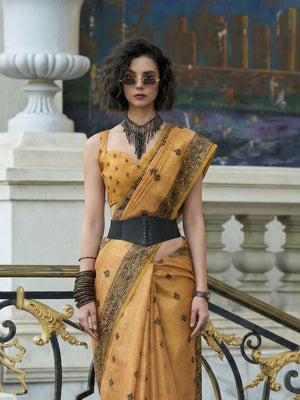 Orange Tussar Linen Handloom Silk Saree With Weaving Silk Saree With Blouse Piece