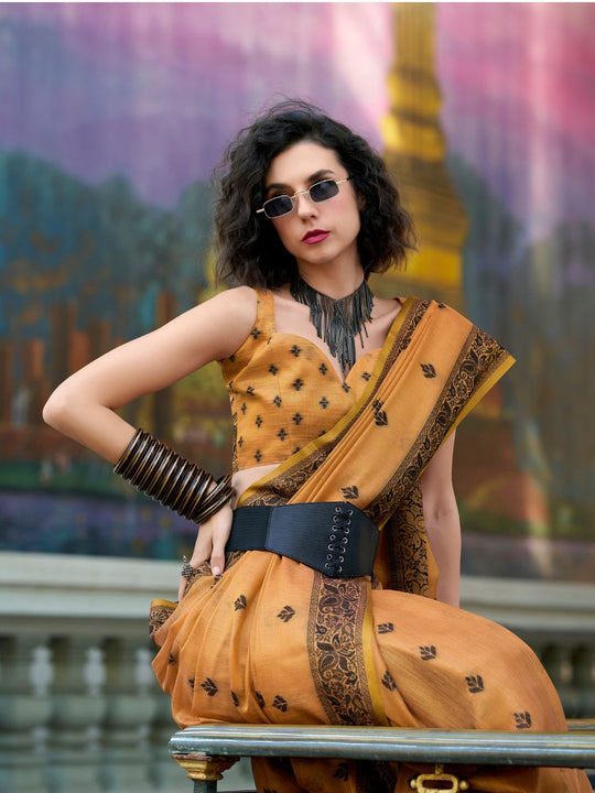 Orange Tussar Linen Handloom Silk Saree With Weaving Silk Saree With Blouse Piece