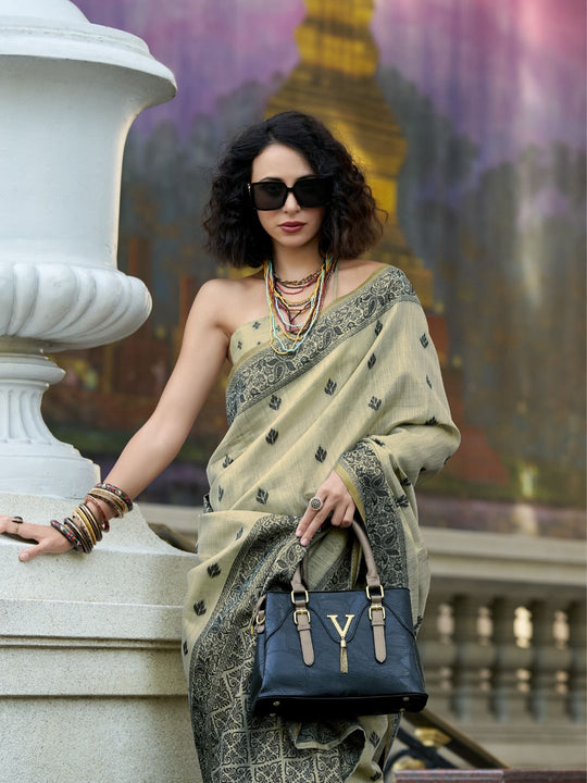 Light Olive Tussar Linen Handloom Silk Saree With Weaving Silk Saree With Blouse Piece