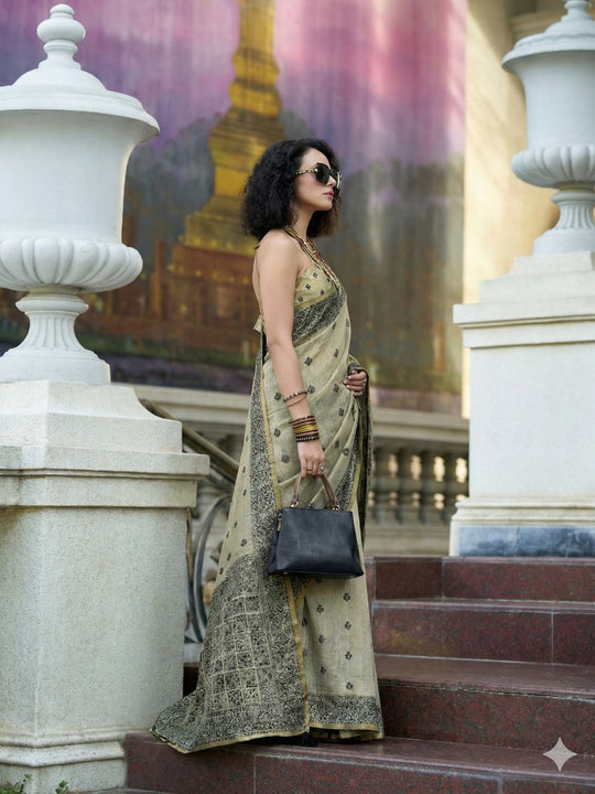 Light Olive Tussar Linen Handloom Silk Saree With Weaving Silk Saree With Blouse Piece