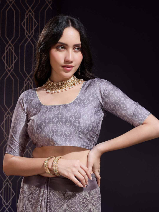 Purple Georgette Swarovski Stone Embellished Printed Saree With Blouse Piece