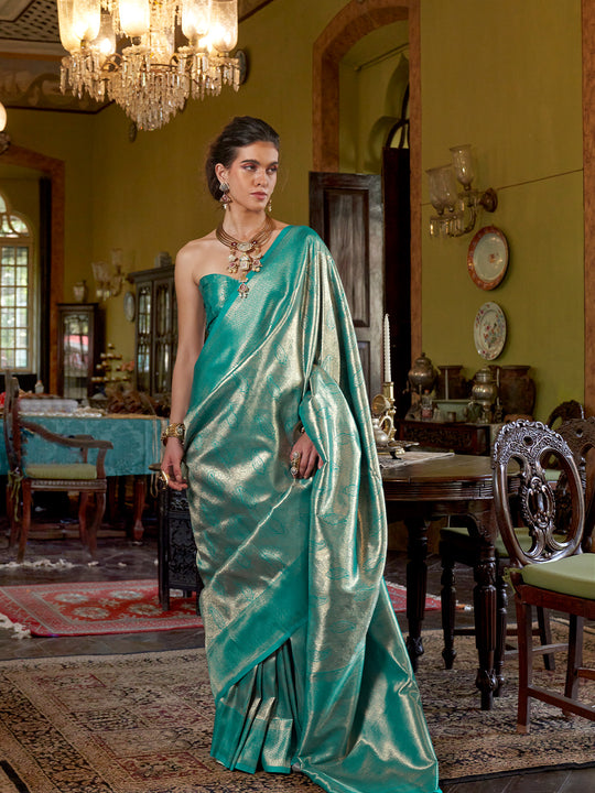 Aqua Green Handwoven Kanjivaram Silk Saree With Blouse Piece