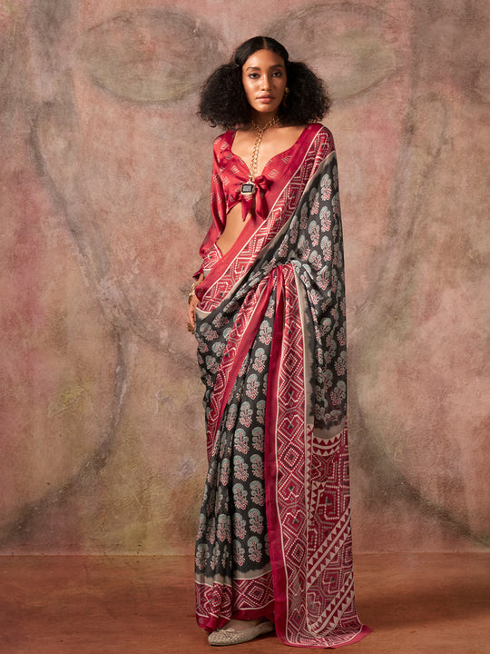 Black Ajarakh Print Satin Georgette Saree With Blouse Piece