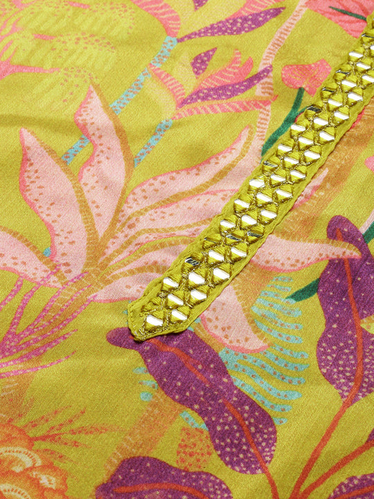 Yellow Floral Printed Straight Kurta With Trousers & Dupatta