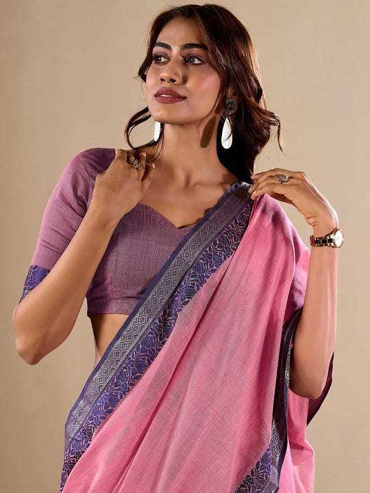 Pink Cotton Festive Wear Saree With Blouse Piece