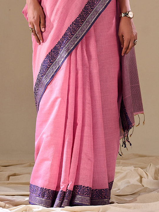 Pink Cotton Festive Wear Saree With Blouse Piece