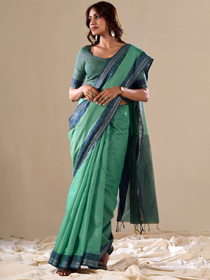 Green Cotton Festive Wear Saree With Blouse Piece