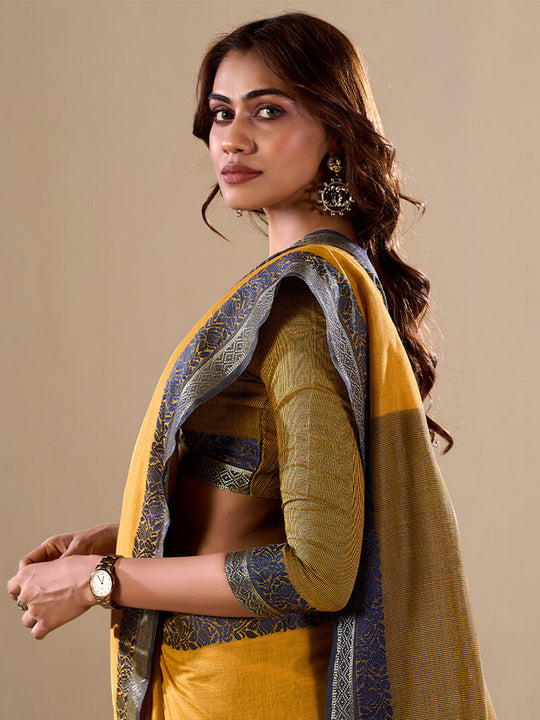 Yellow Cotton Festive Wear Saree With Blouse Piece
