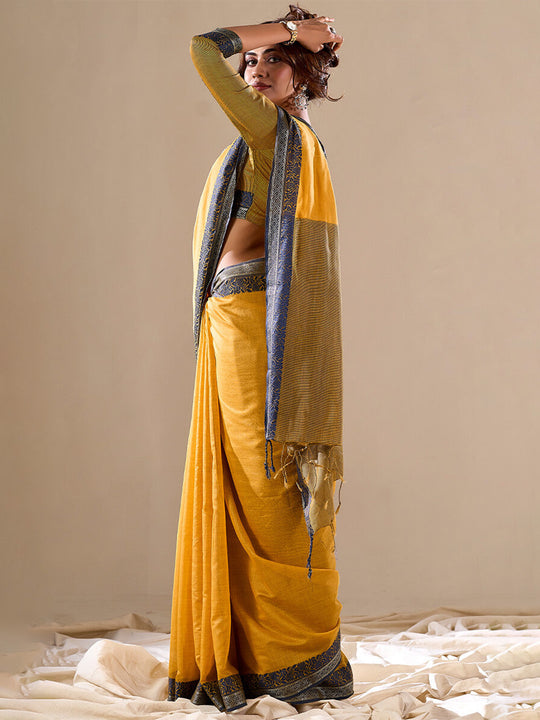Yellow Cotton Festive Wear Saree With Blouse Piece