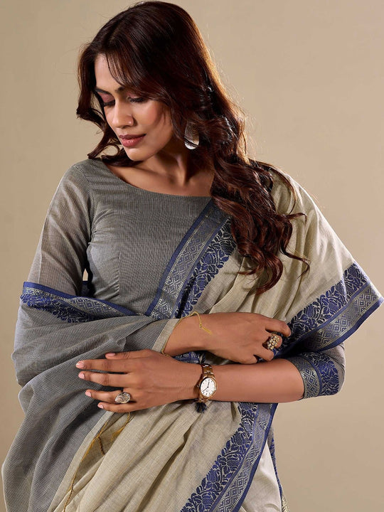 Grey Cotton Festive Wear Saree With Blouse Piece