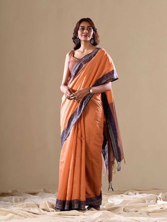 Orange Cotton Festive Wear Saree With Blouse Piece