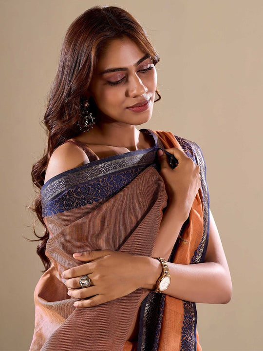 Orange Cotton Festive Wear Saree With Blouse Piece