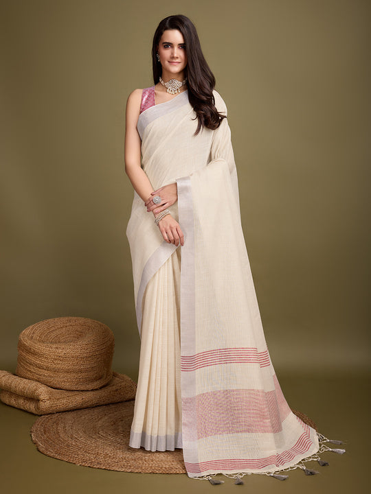 Beige Linen Blend Daily Wear Saree With Blouse Piece