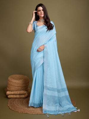 Blue Linen Blend Daily Wear Saree With Blouse Piece