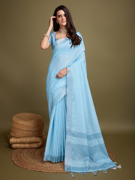 Blue Linen Blend Daily Wear Saree With Blouse Piece