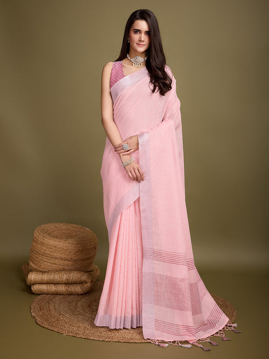 Peach Linen Blend Daily Wear Saree With Blouse Piece
