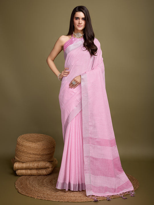 Pink Linen Blend Daily Wear Saree With Blouse Piece